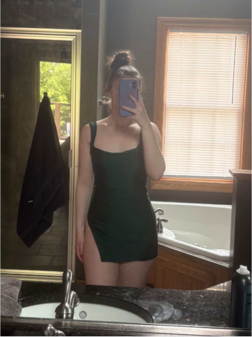 Lucy in the Sky Emerald / Dark Green Mini Dress with Thigh Slit